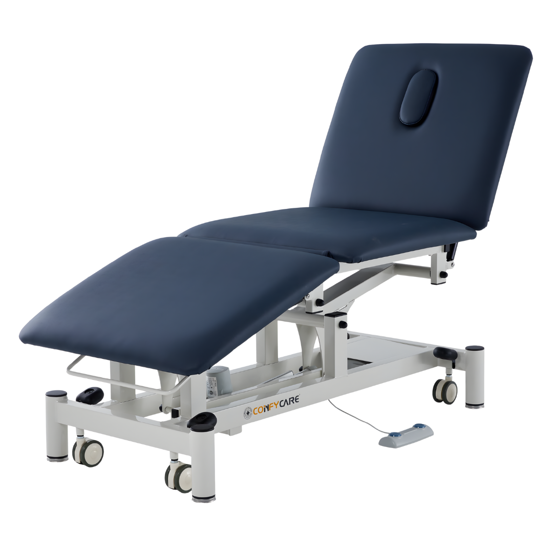 Three Section Medical Treatment Couch in navy blue with adjustable sections, providing stable, comfortable support for clinical examinations and healthcare treatments.