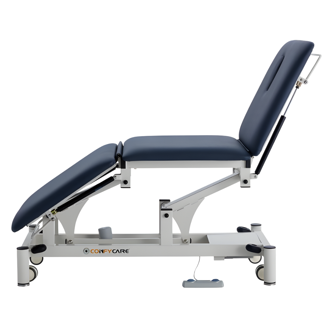 Three Section Medical Treatment Couch in navy blue with adjustable sections, providing stable, comfortable support for clinical examinations and healthcare treatments.