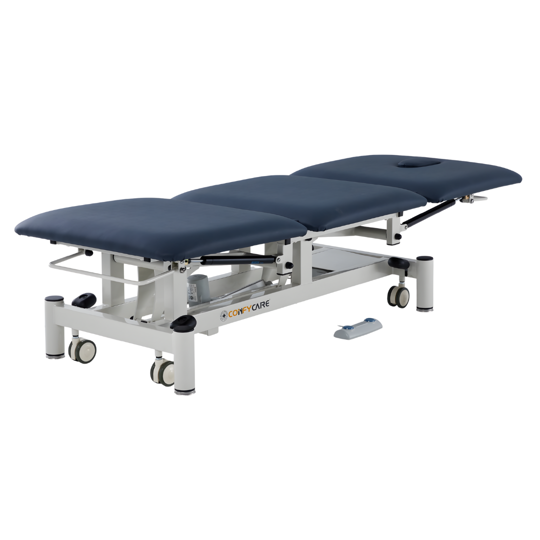 Three Section Medical Treatment Couch in navy blue with adjustable sections, providing stable, comfortable support for clinical examinations and healthcare treatments.
