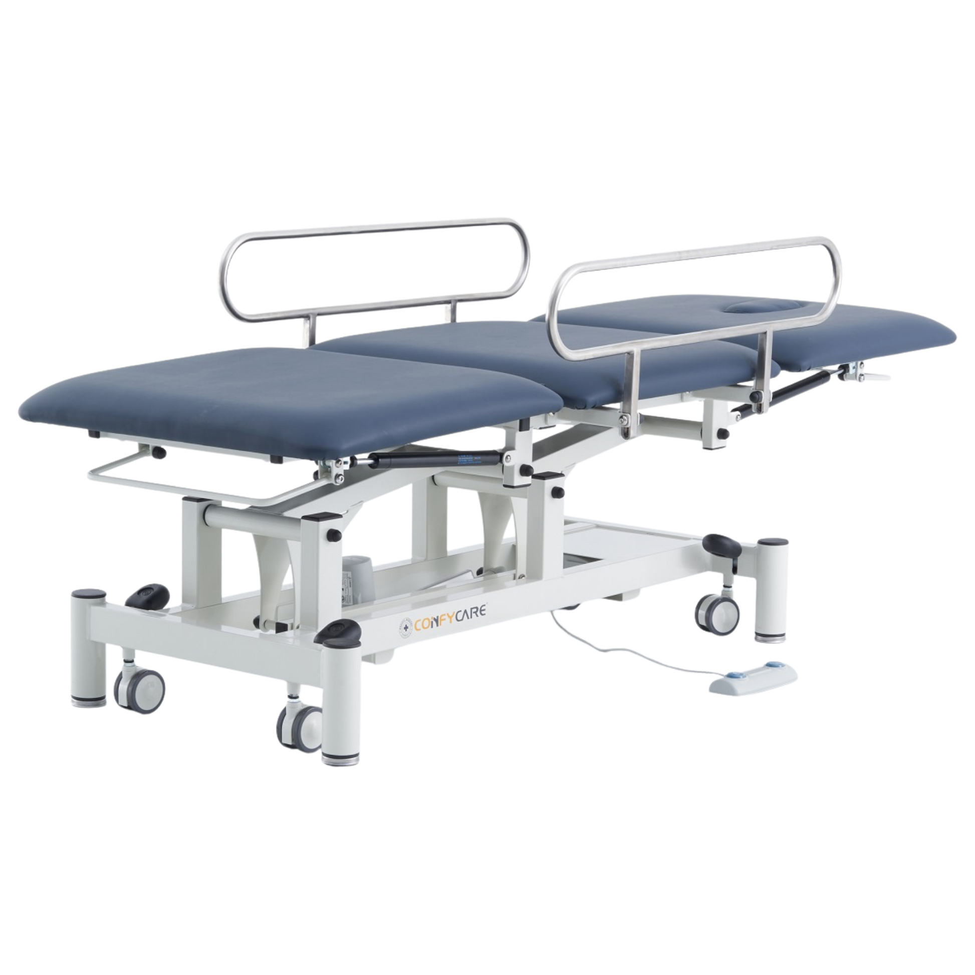Three Section Medical Treatment Couch with Side Rails in Navy Blue, shown in a fully flat position with metal safety rails raised and white electric lift frame.