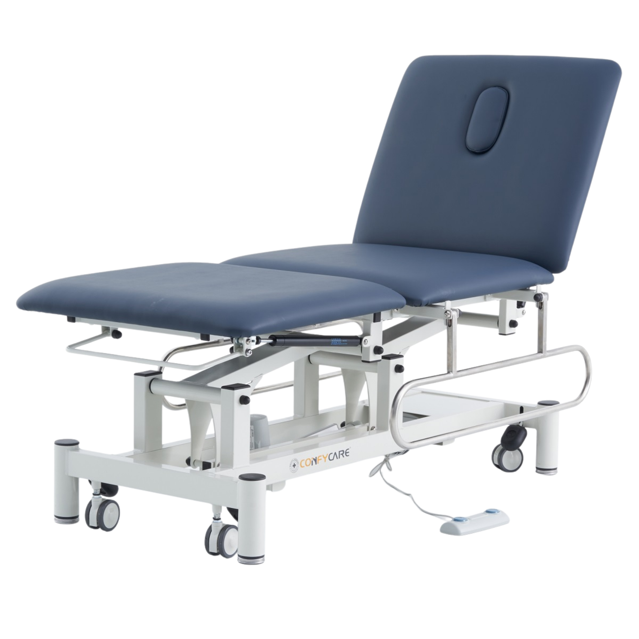 The navy blue Three Section Medical Treatment Couch with the backrest section elevated, showing the integrated breathing hole and lowered side rails.