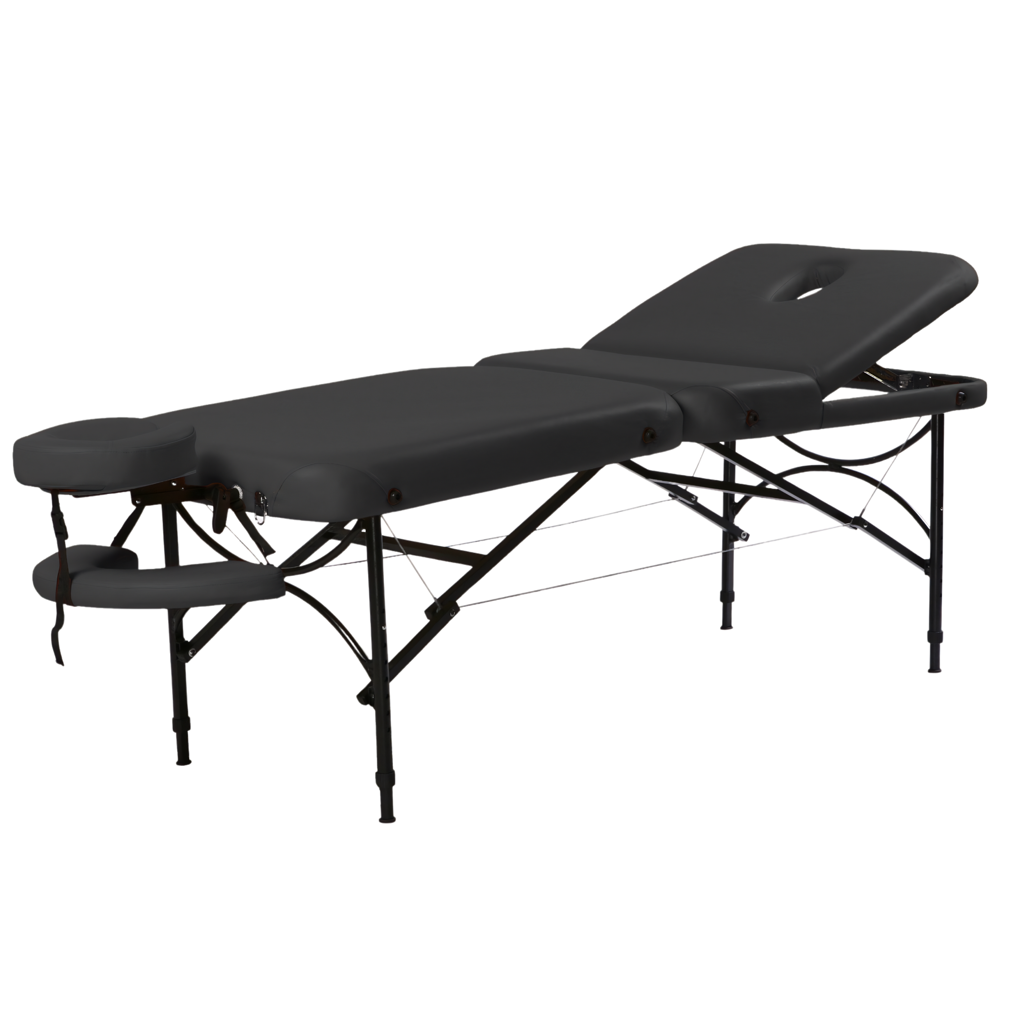 Portable three-section massage table in charcoal black featuring an adjustable backrest, detachable face cradle, and hanging armrest shelf on a foldable lightweight frame.