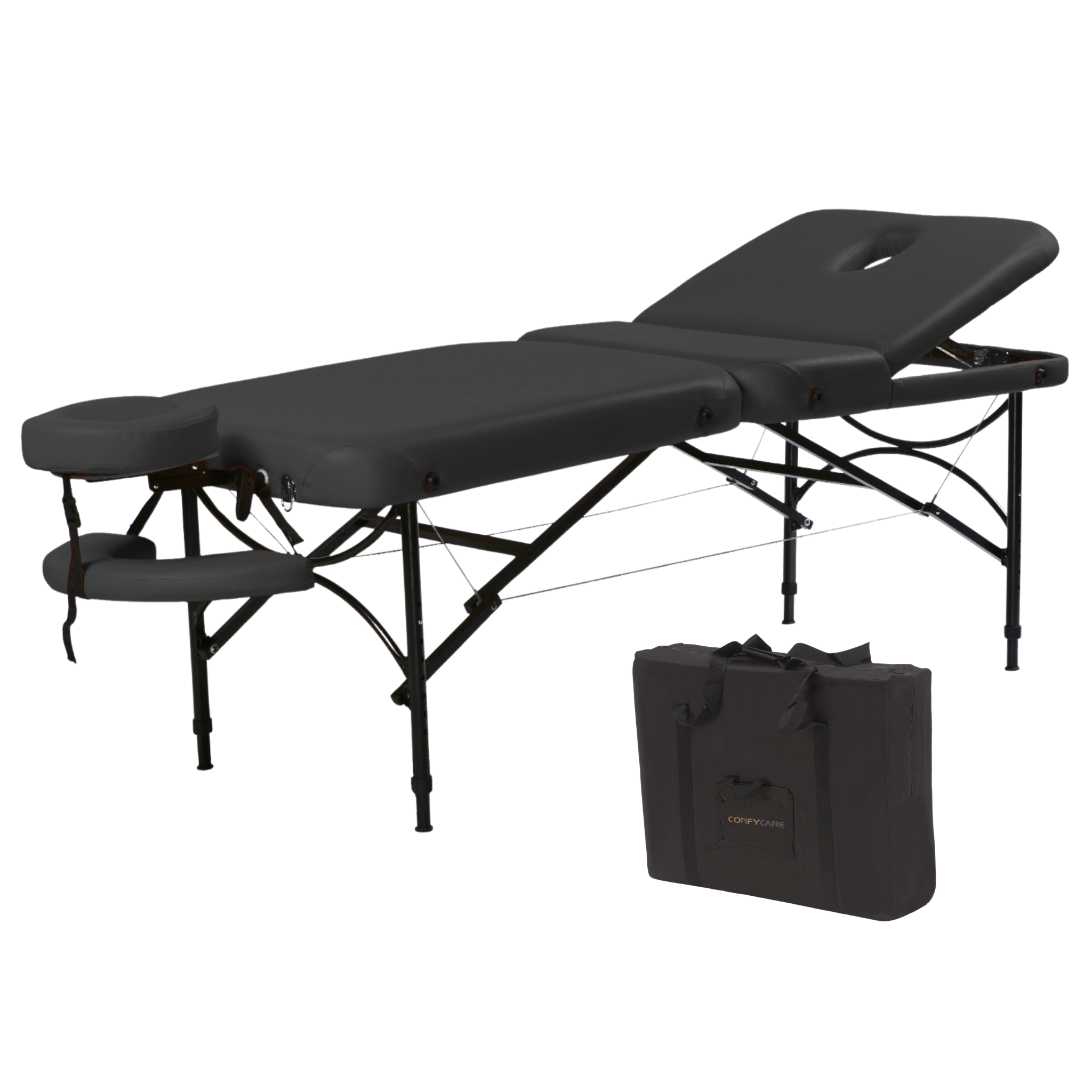 Black three-section portable massage bed with a raised backrest and included black carrying bag.