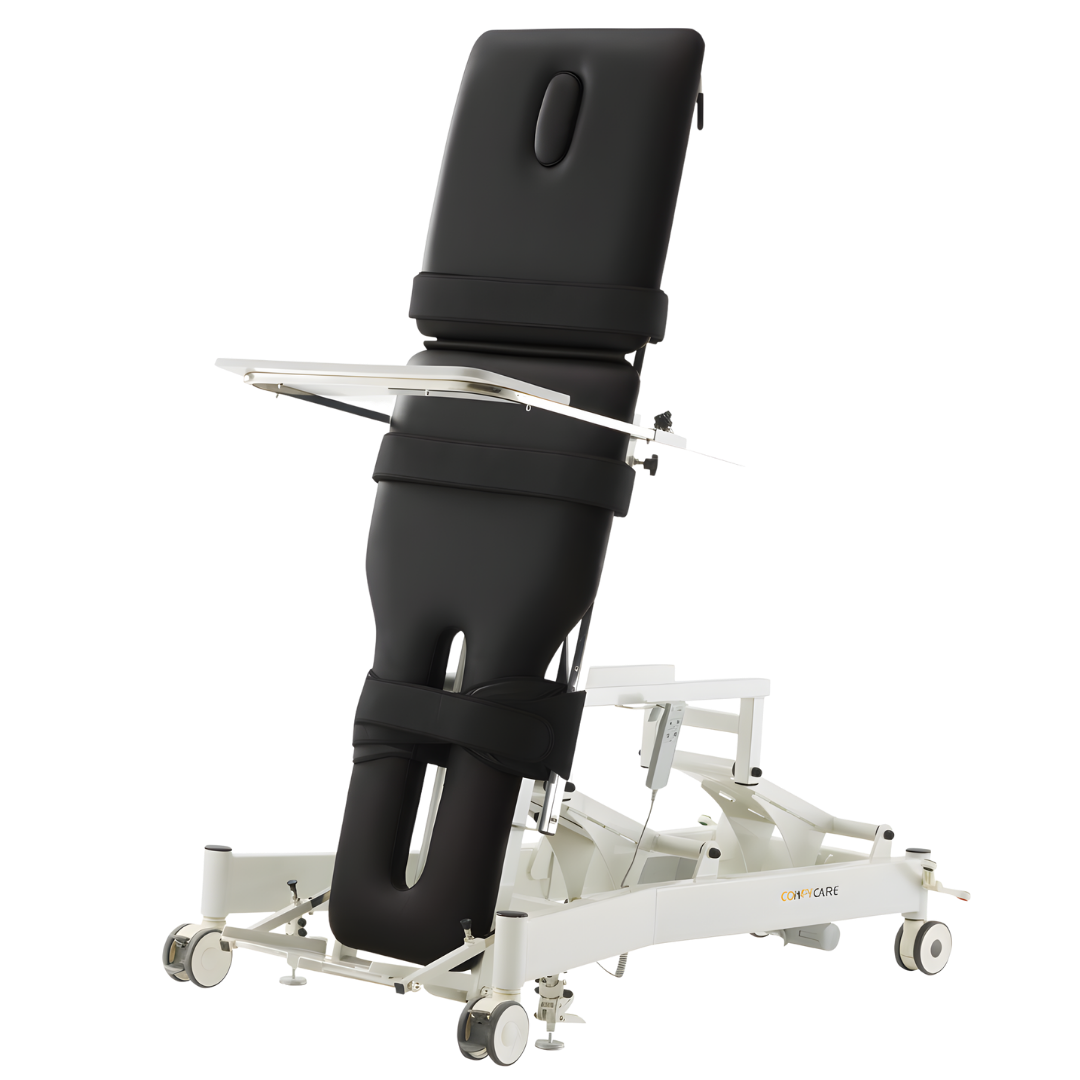 Two‑section tilt table in black, designed for rehabilitation, supported standing, and mobility training in clinical, physiotherapy, aged care, and home therapy settings.
