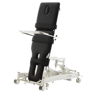 Two‑section tilt table in black, designed for rehabilitation, supported standing, and mobility training in clinical, physiotherapy, aged care, and home therapy settings.