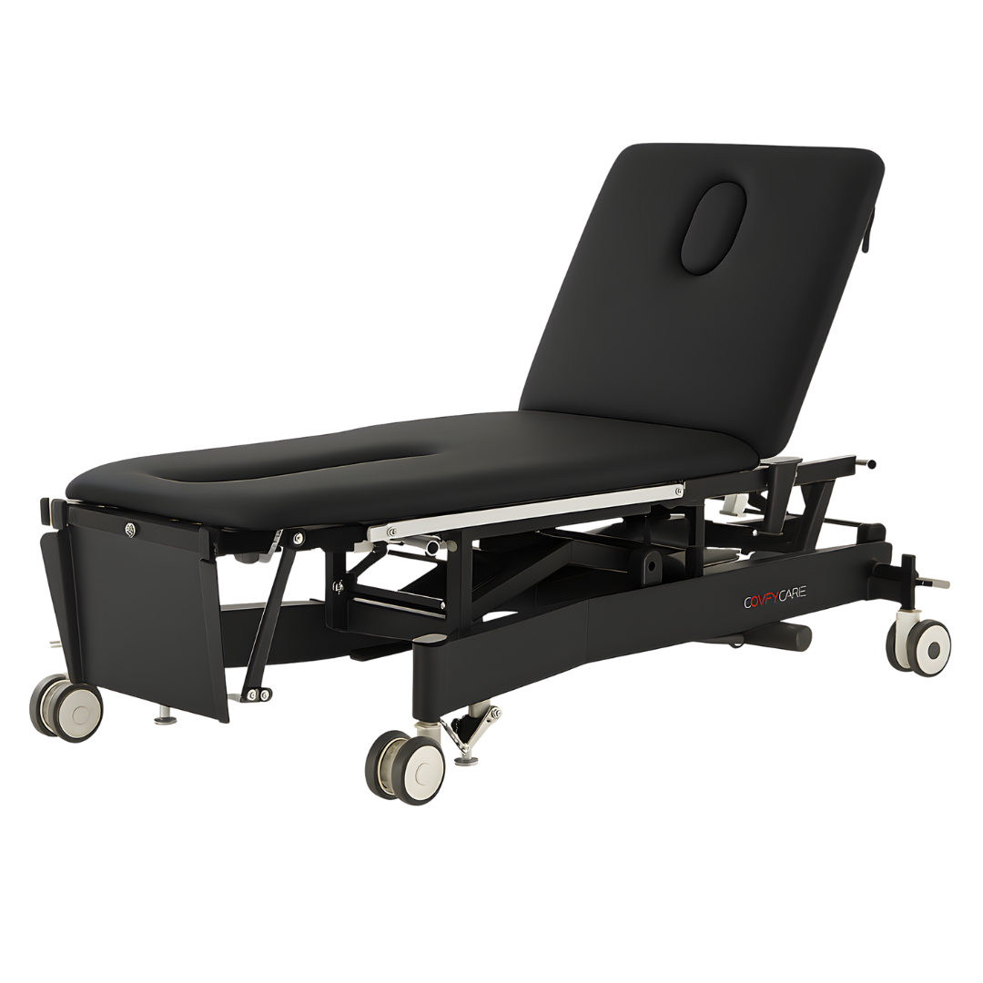 Two‑section tilt table in black, designed for rehabilitation, supported standing, and mobility training in clinical, physiotherapy, aged care, and home therapy settings.