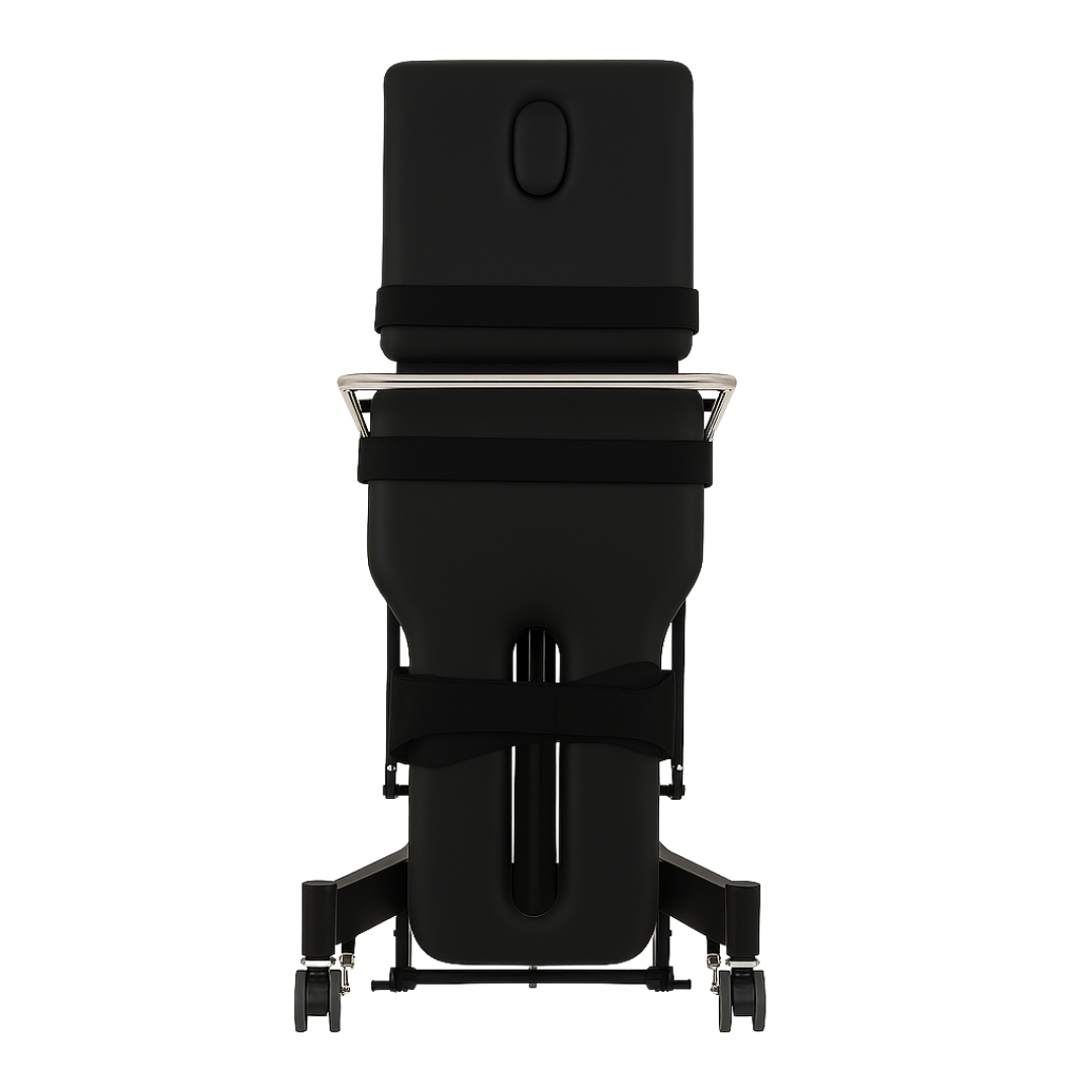Two‑section tilt table in black, designed for rehabilitation, supported standing, and mobility training in clinical, physiotherapy, aged care, and home therapy settings.