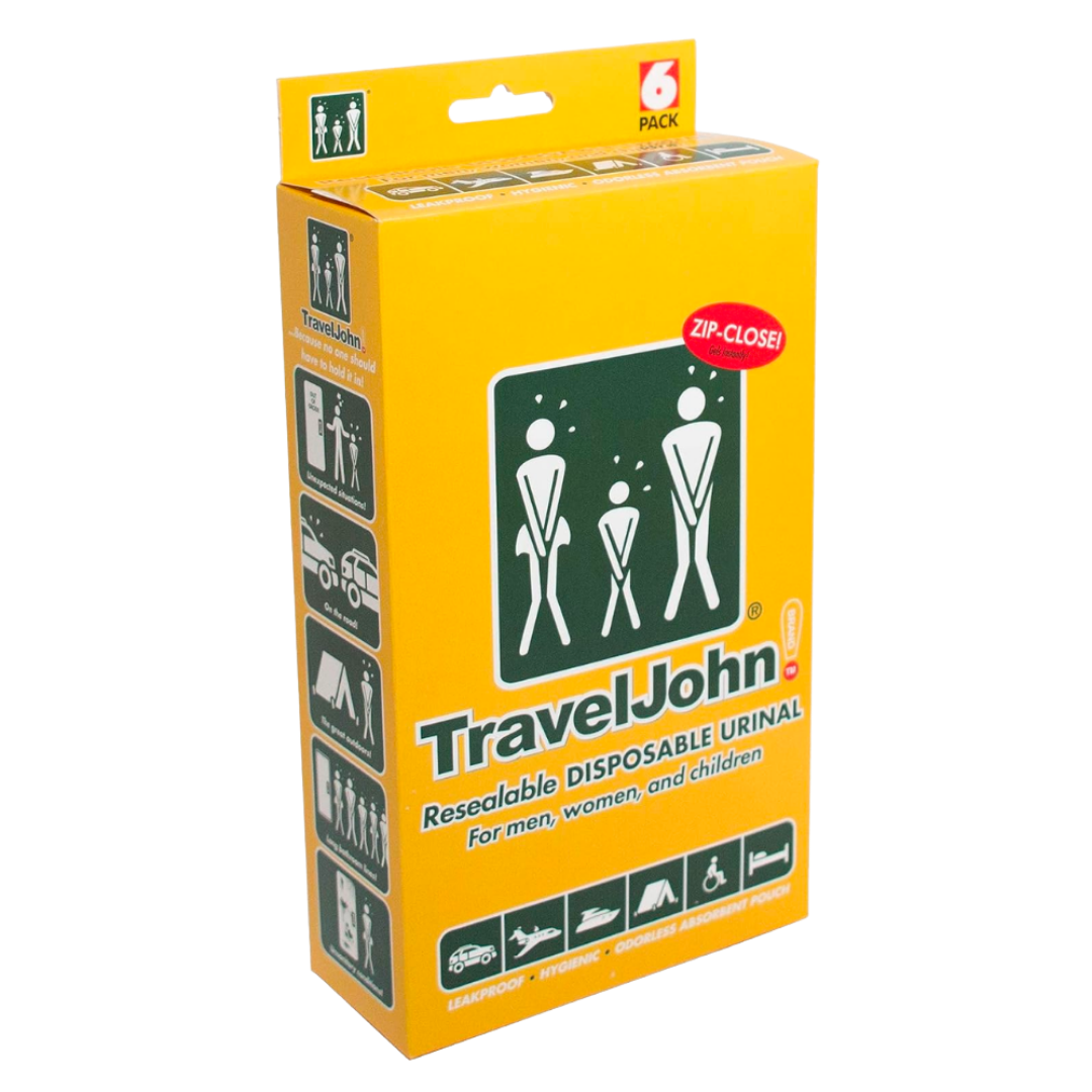 TravelJohn Disposable Personal Urinal Bag, leak‑proof and hygienic, designed for travel, emergencies, continence care, and situations without bathroom access.