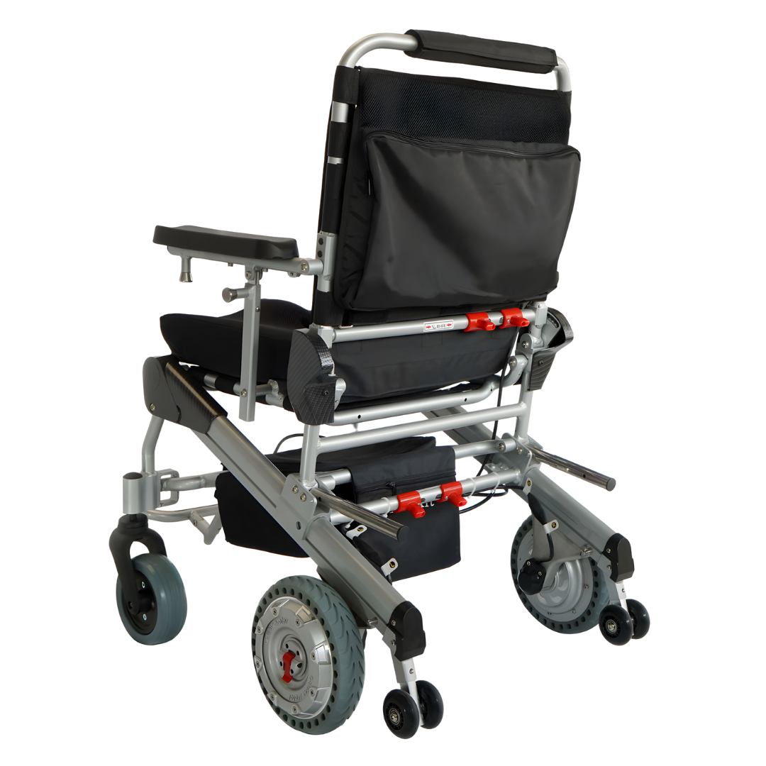 Travel Lite Electric Folding Power Chair with phosphate lithium battery, available in 8, 10, and 12-inch wheel variants.