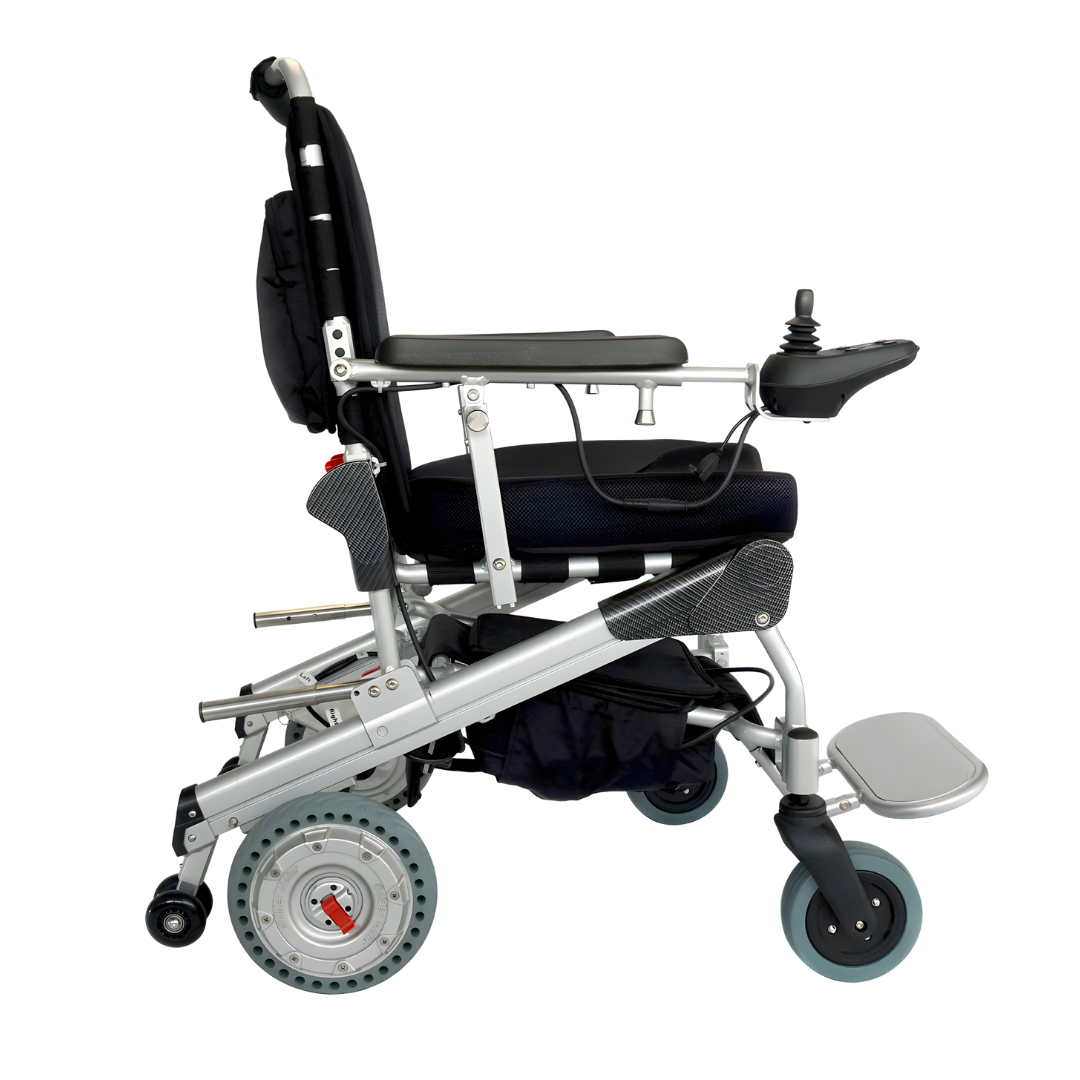 Travel Lite Electric Folding Power Chair with phosphate lithium battery, available in 8, 10, and 12-inch wheel variants.