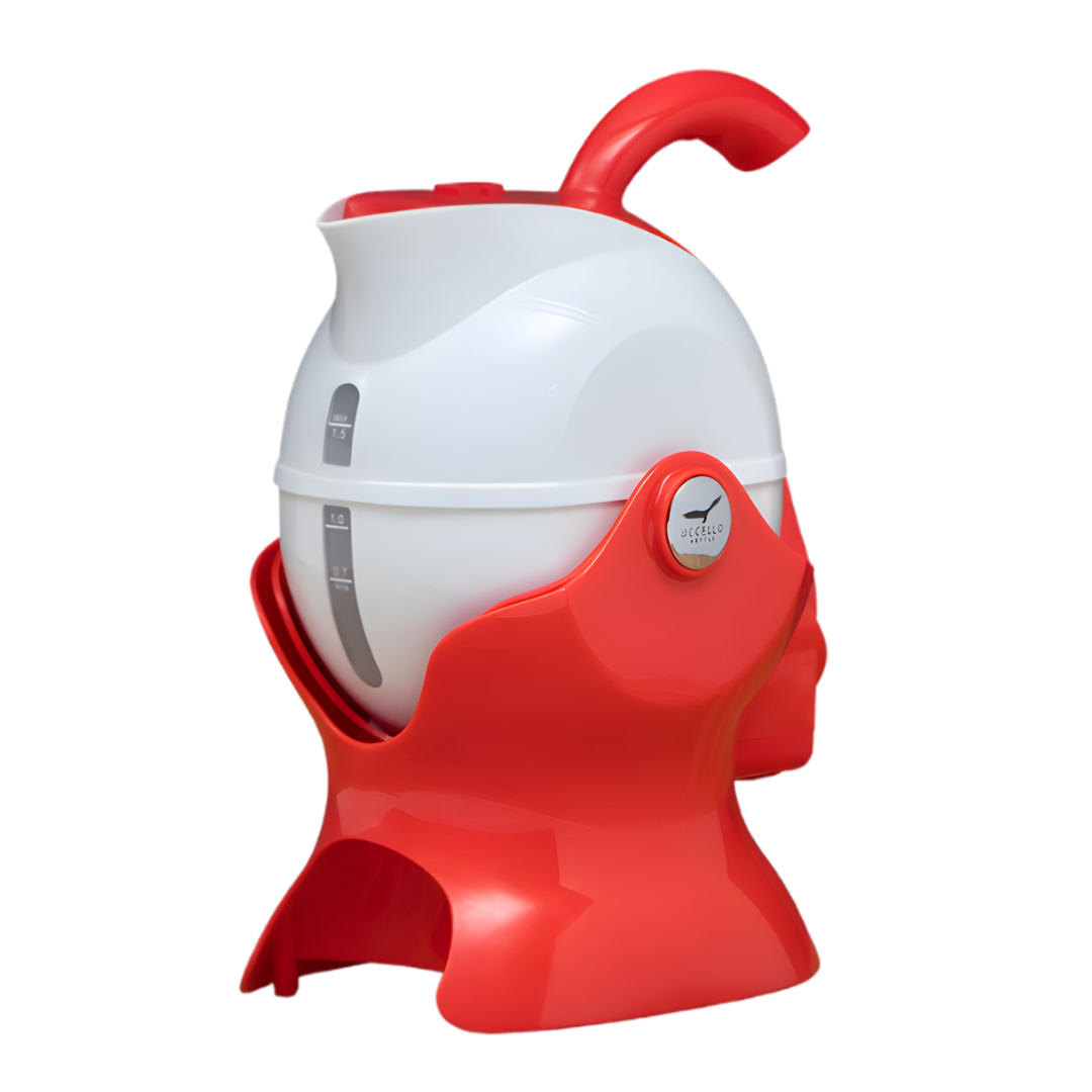 Uccello Power Pouring Kettle with tilt-to-pour design, available in Black/White, Red/White, and White, for safe and easy daily hot water pouring.