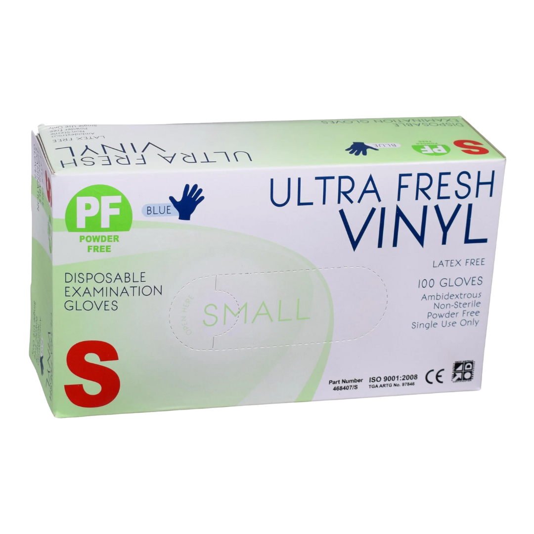 Ultra Fresh Blue Vinyl Powder Free Disposable Gloves – latex-free exam gloves for sensitive skin and daily hygiene use.