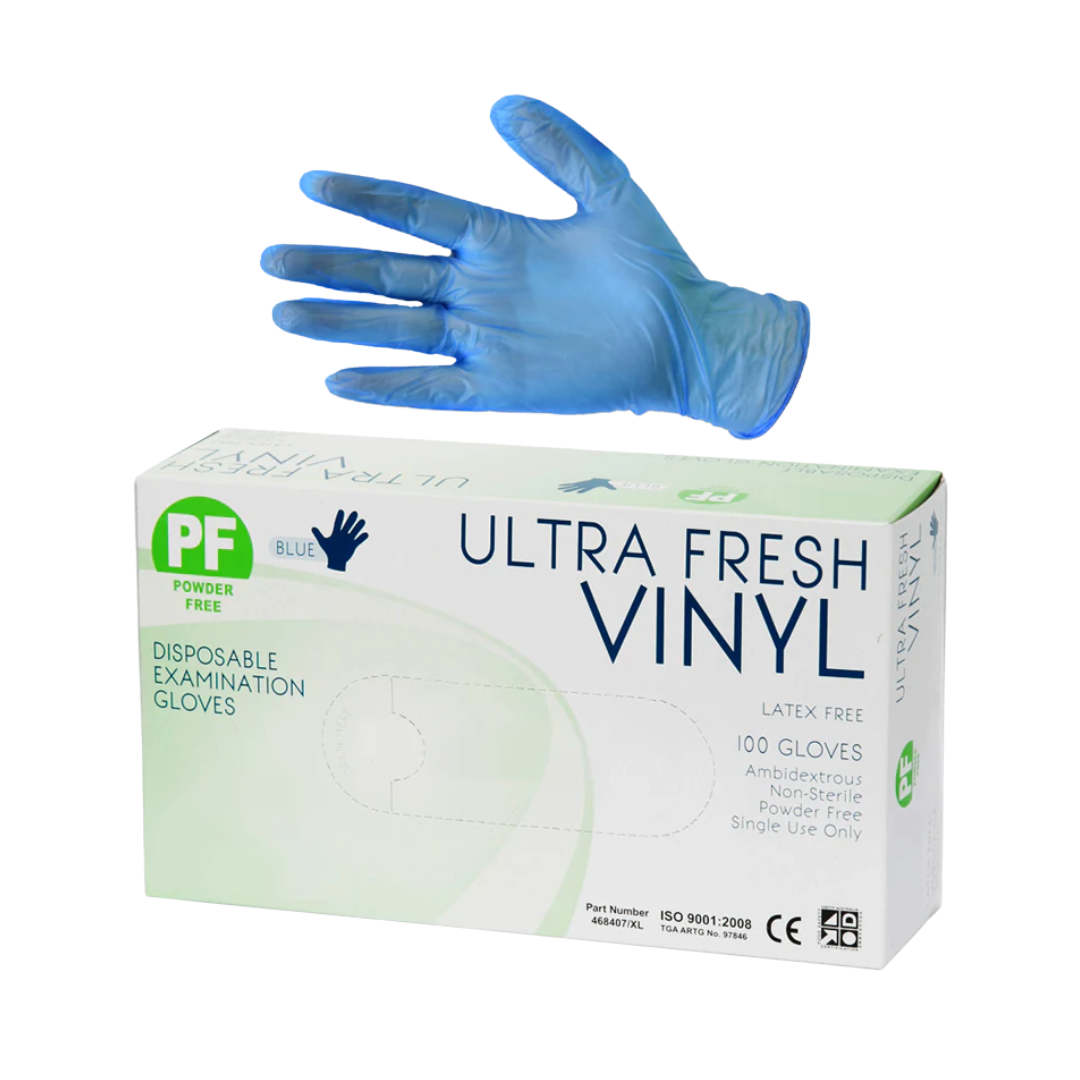 Ultra Fresh Blue Vinyl Powder Free Disposable Gloves – latex-free exam gloves for sensitive skin and daily hygiene use.