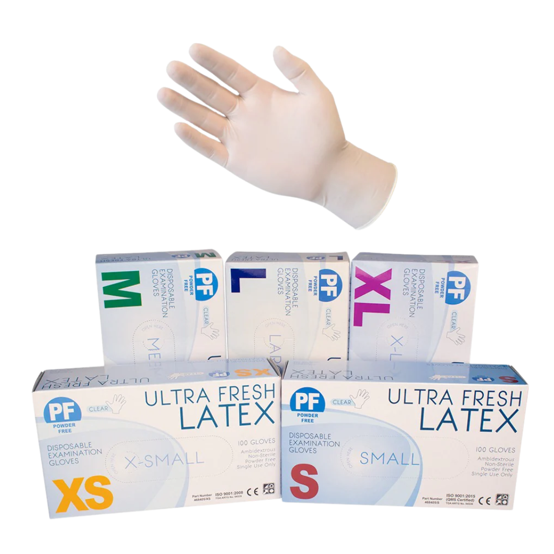 Ultra Fresh Latex Powder Free Disposable Gloves – premium single-use examination gloves for medical, aged care, and hygiene protection.