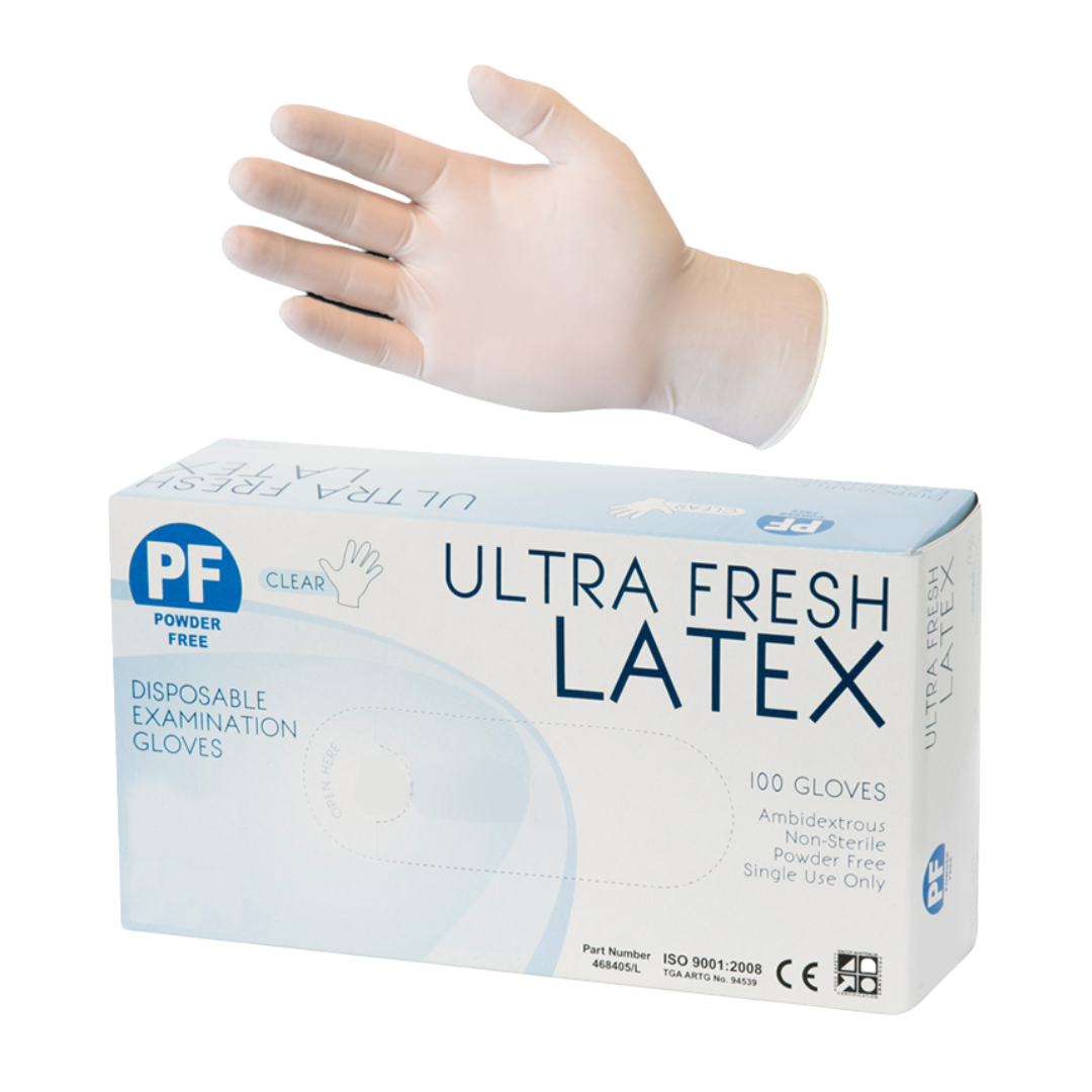 Ultra Fresh Latex Powder Free Disposable Gloves – premium single-use examination gloves for medical, aged care, and hygiene protection.