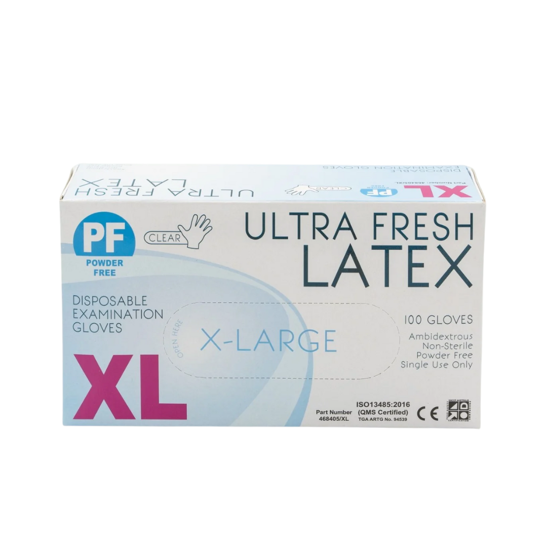 Ultra Fresh Latex Powder Free Disposable Gloves – premium single-use examination gloves for medical, aged care, and hygiene protection.