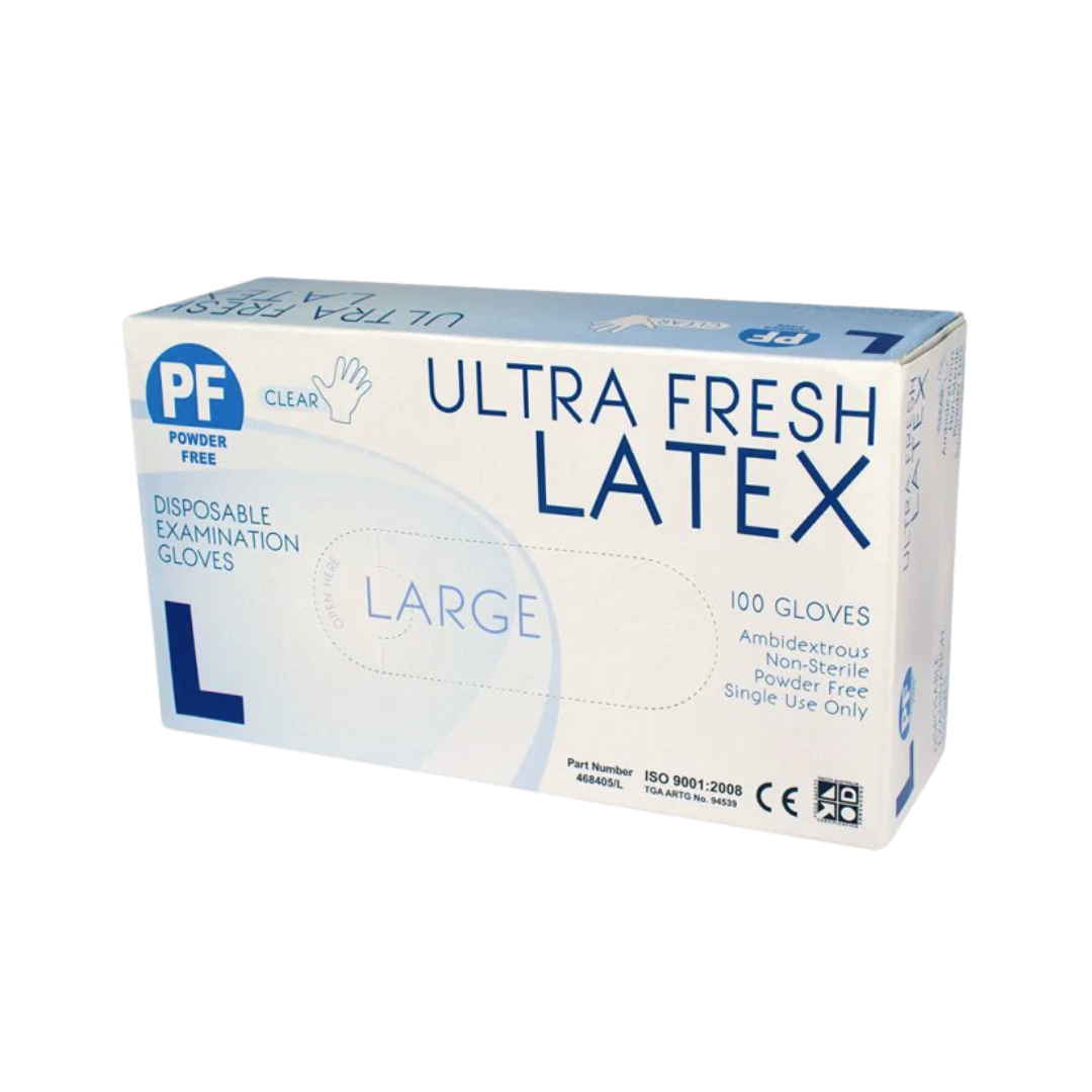 Ultra Fresh Latex Powder Free Disposable Gloves – premium single-use examination gloves for medical, aged care, and hygiene protection.