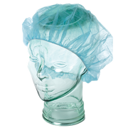 A blue disposable non-woven round medical cap displayed on a mannequin head.