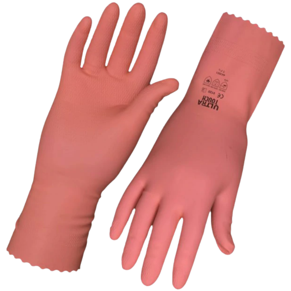 A pair of pink rubber gloves with a honeycomb palm design and chlorinated finish.