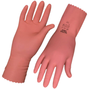 A pair of pink rubber gloves with a honeycomb palm design and chlorinated finish.