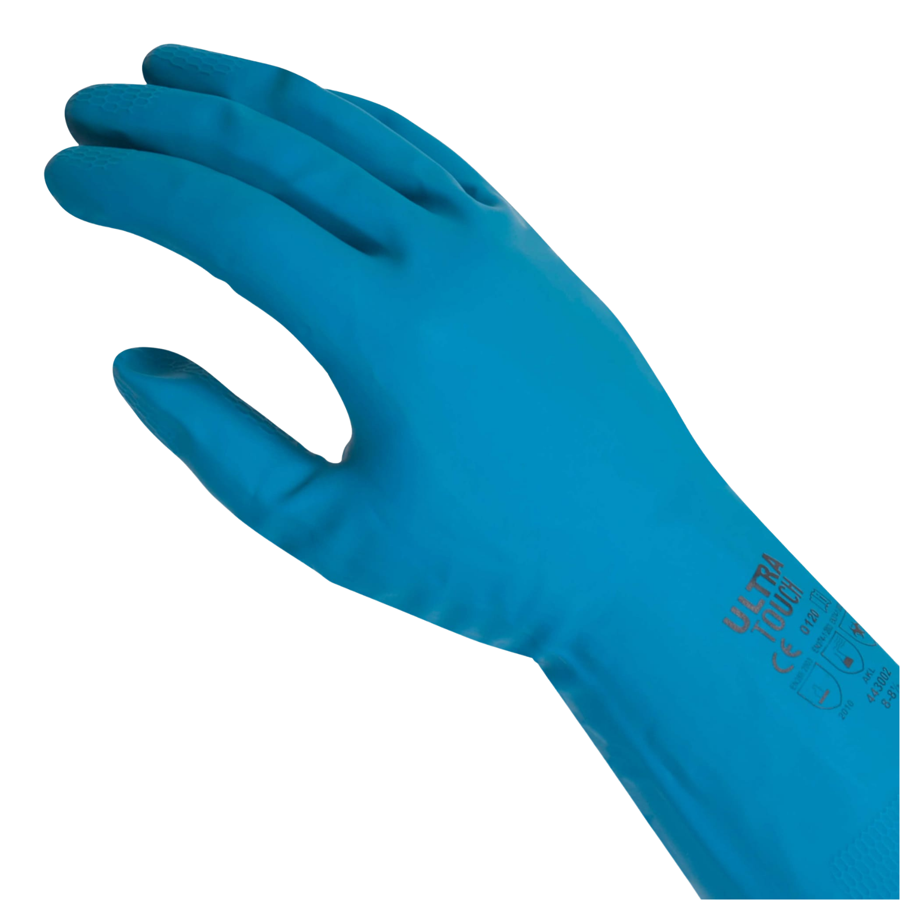 A single blue protective work glove shown on a plain white background, with printed text and symbols on the wrist area.