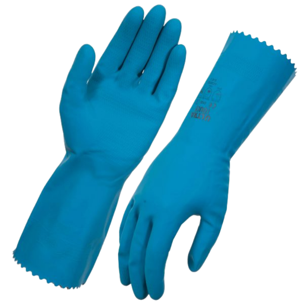 A pair of blue rubber gloves with a honeycomb palm design and pinked cuff.