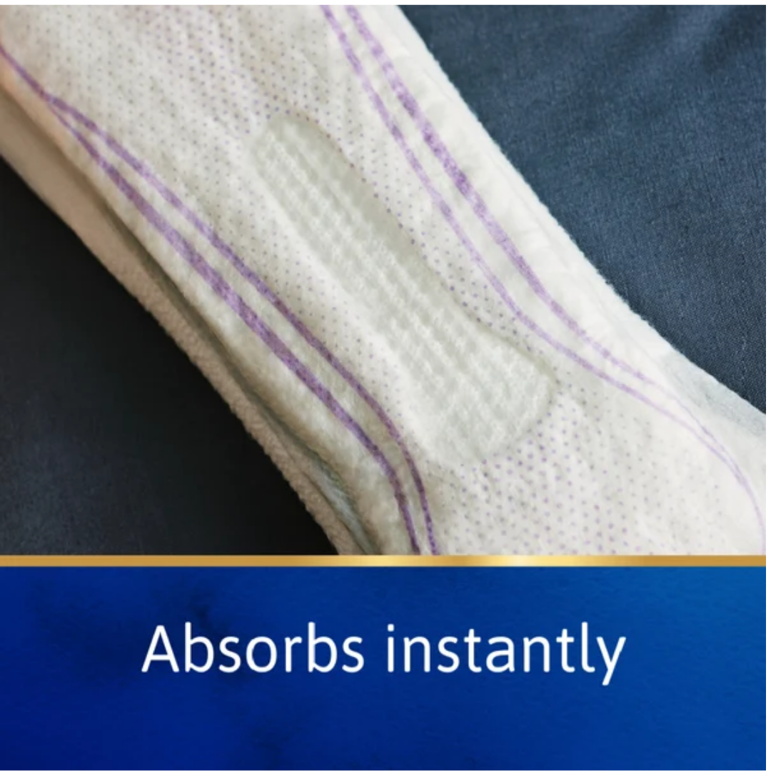 TENA Pads InstaDRY Extra Long Length with contoured fit, instant absorption, and heavy absorbency protection.