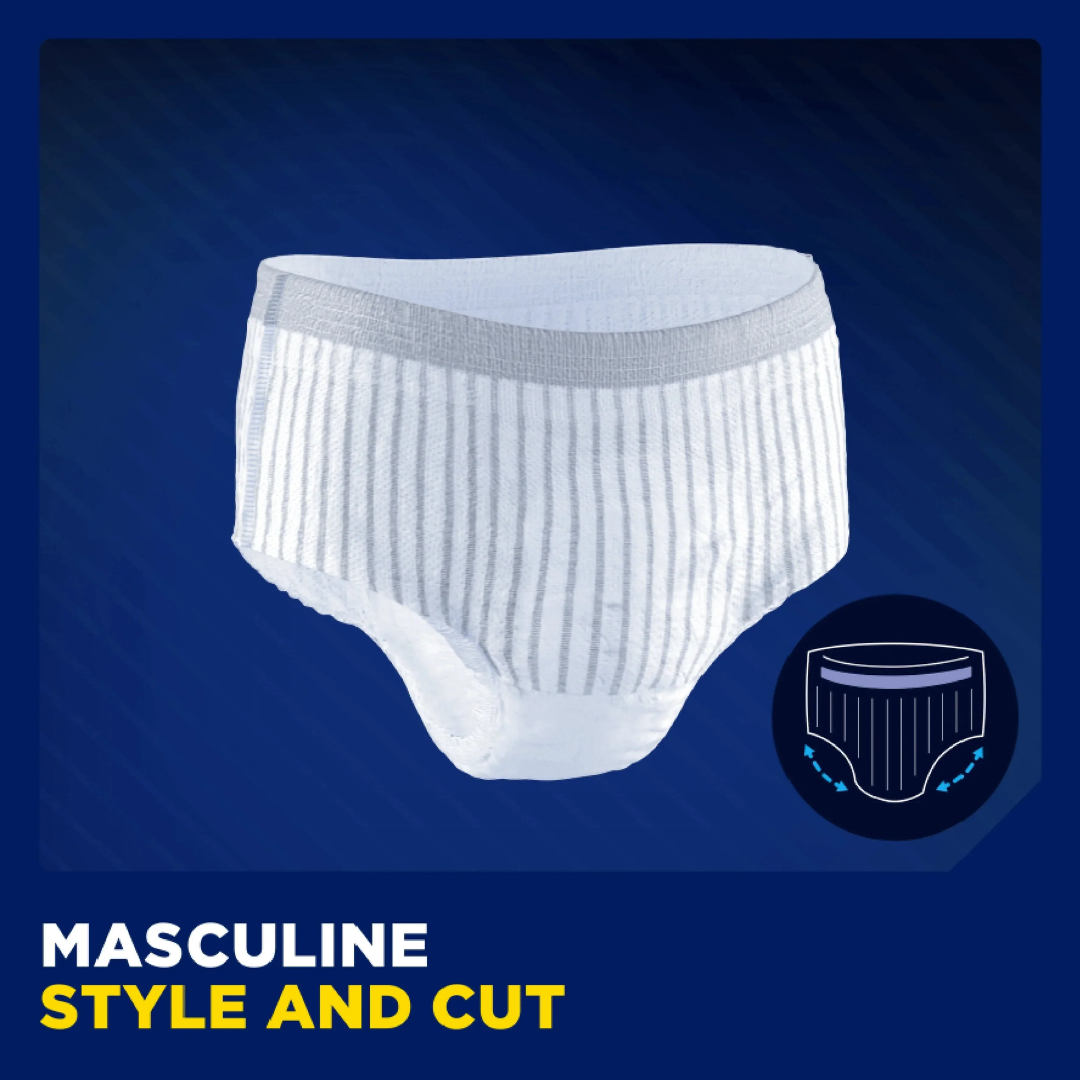 TENA Men Premium Fit Maxi M/L pull-up underwear with heavy absorbency and discreet masculine brief cut.