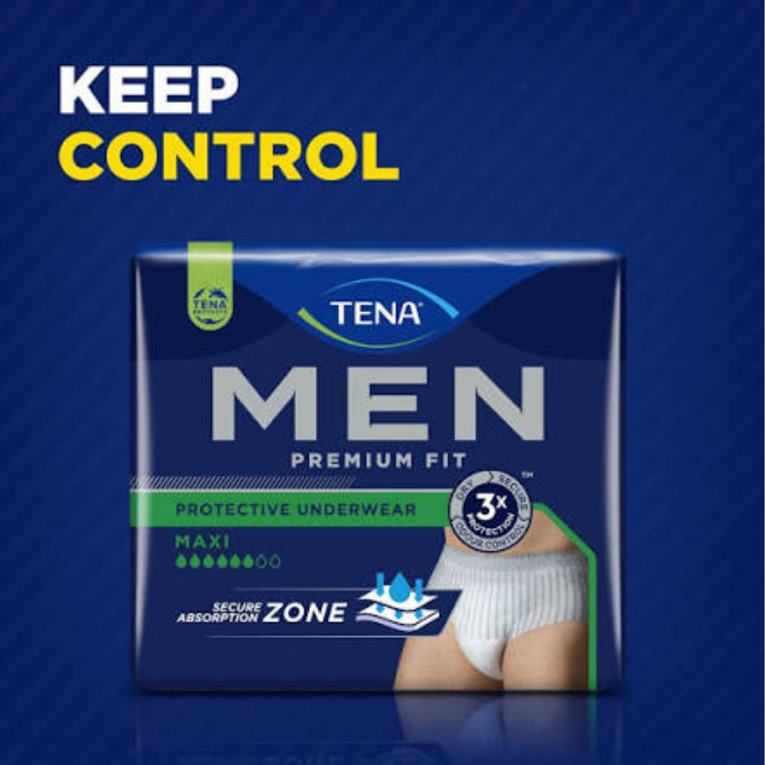 TENA Men Premium Fit Maxi M/L pull-up underwear with heavy absorbency and discreet masculine brief cut.