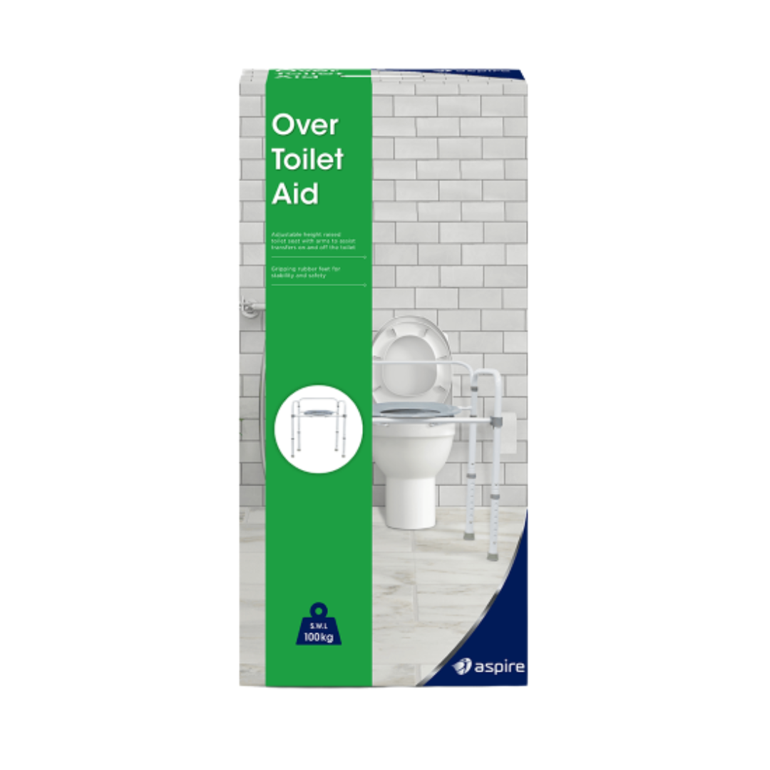 Package of Over Toilet Aid with a toilet illustration on a white background