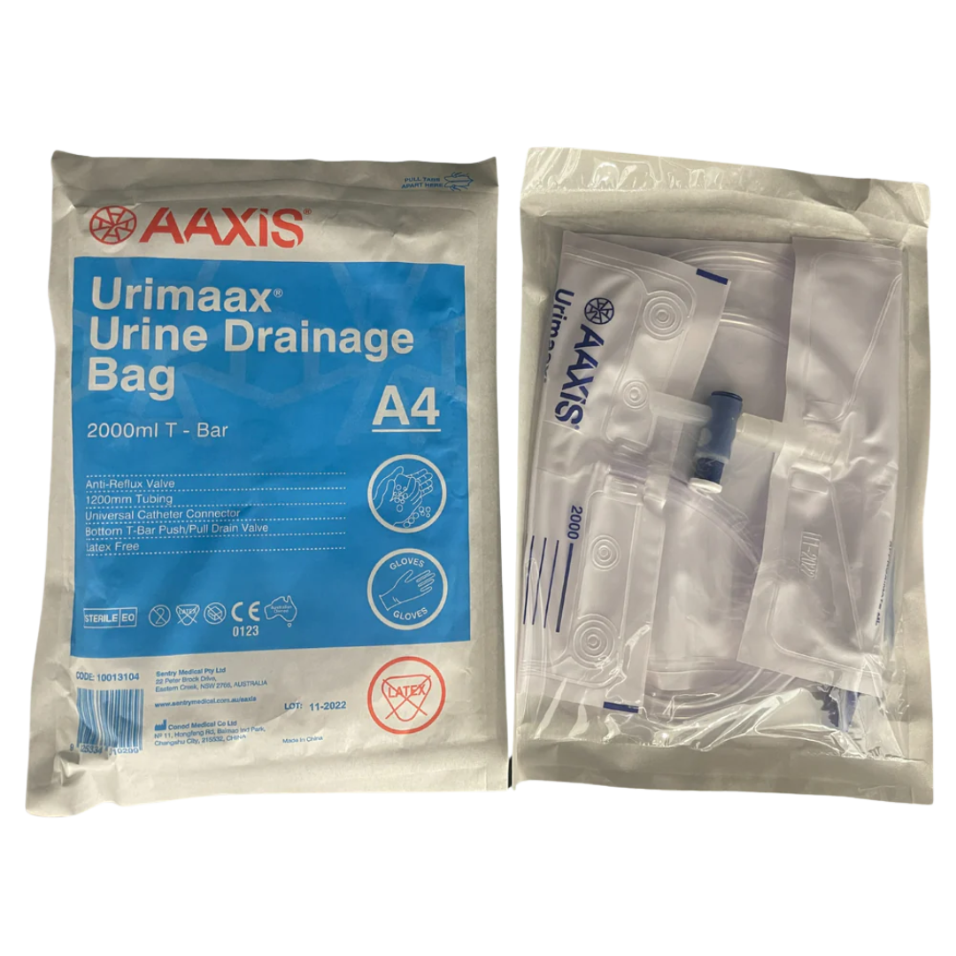 Urimaax 2000ml sterile closed system urinary drainage bag with anti-reflux valve and drainage outlet.