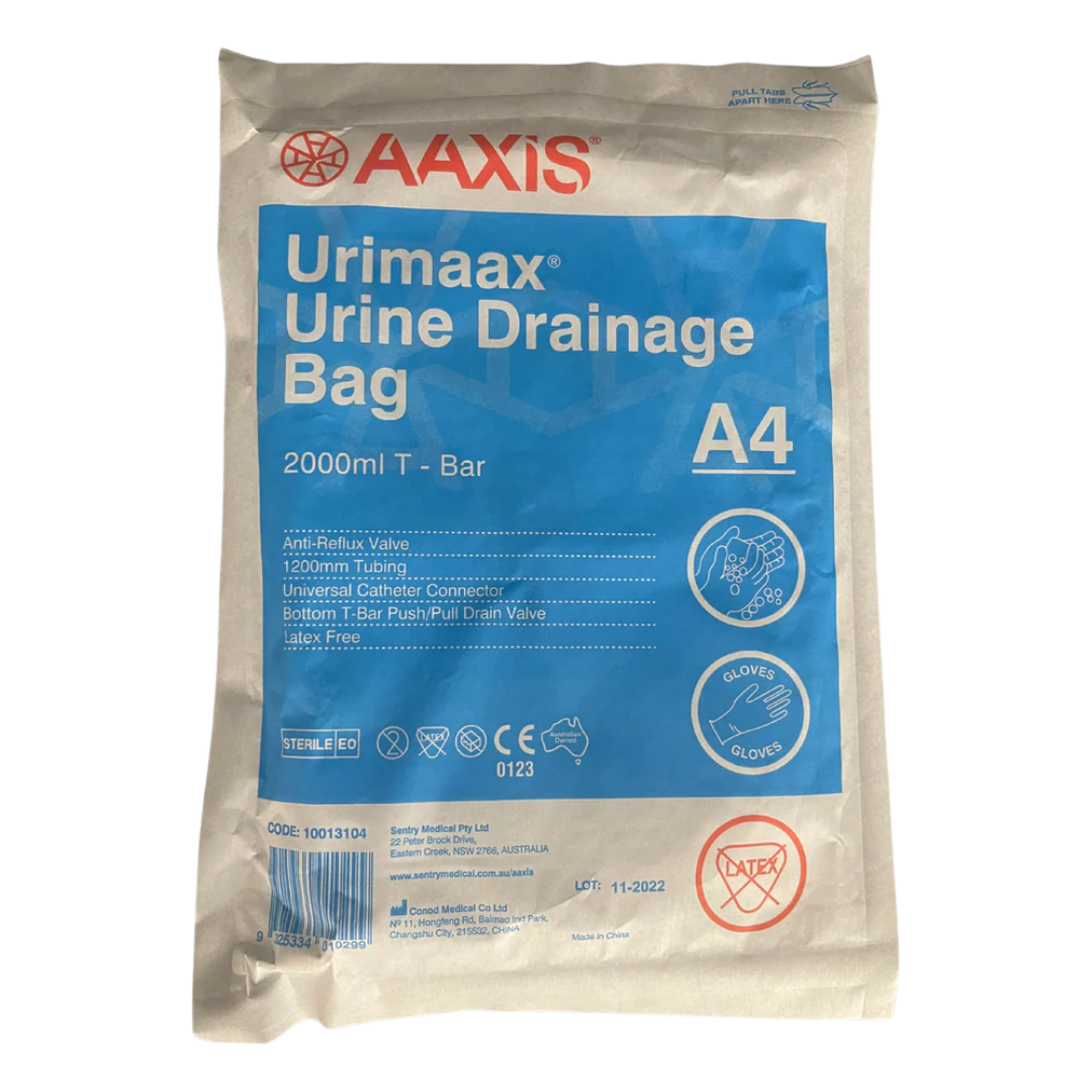 Urimaax 2000ml sterile closed system urinary drainage bag with anti-reflux valve and drainage outlet.