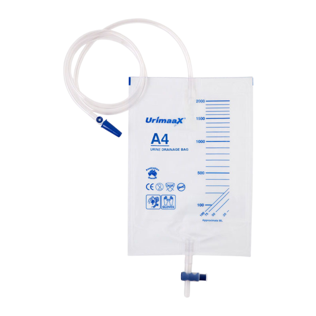 Urimaax 2000ml sterile closed system urinary drainage bag with anti-reflux valve and drainage outlet.