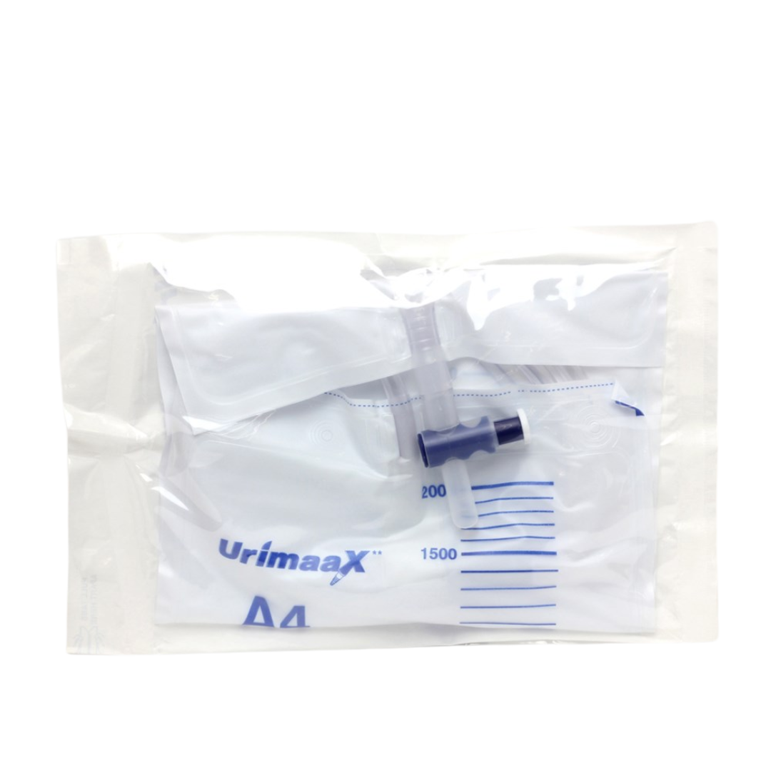 Urimaax 2000ml sterile closed system urinary drainage bag with anti-reflux valve and drainage outlet.