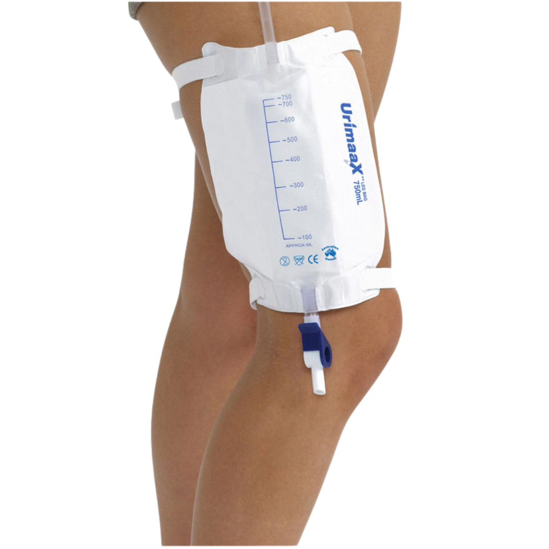 Urimaax 500ml sterile leg drainage bag with 10cm tubing for discreet and hygienic urinary management.