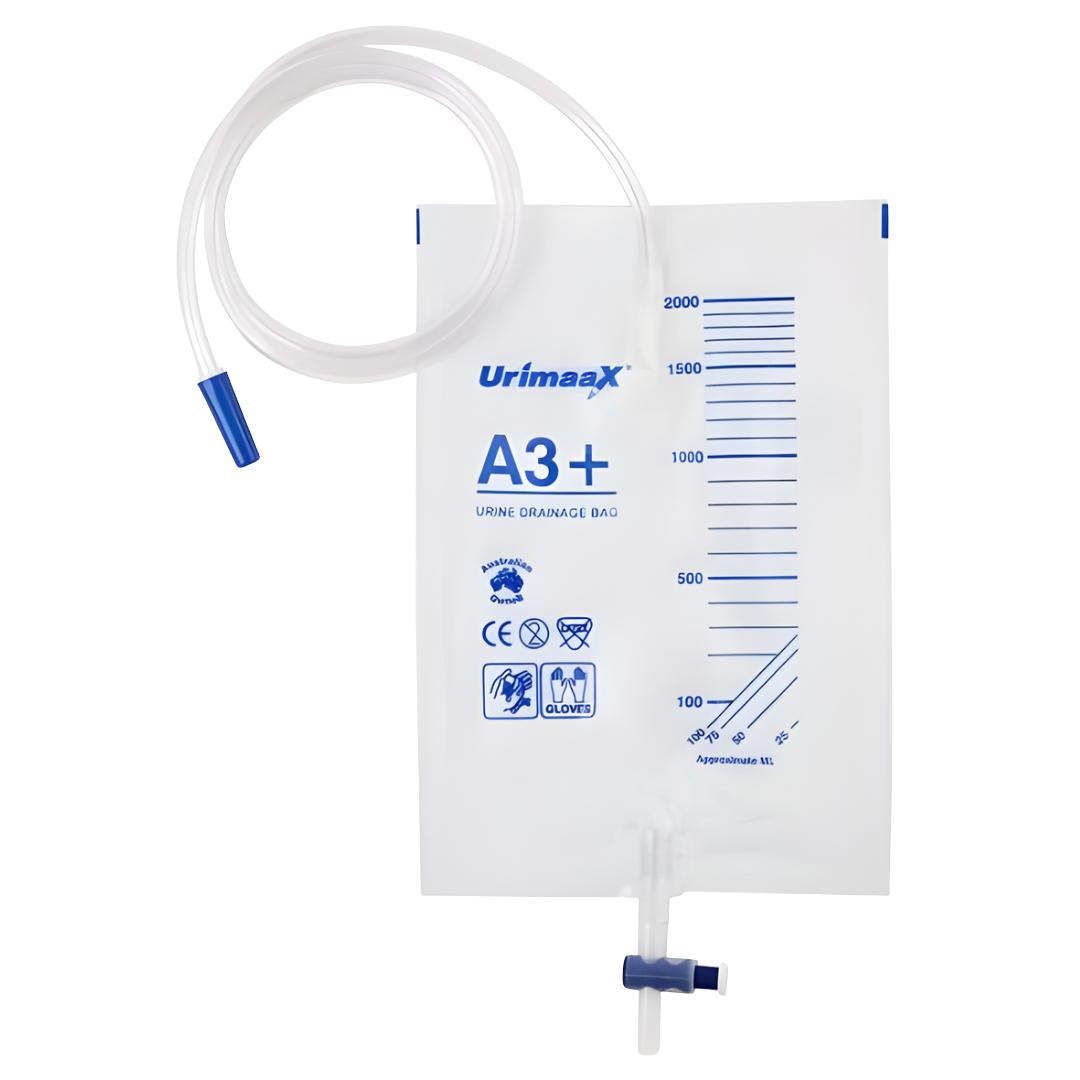 Urimaax Drainage Bag B/Drain T-Bar A3 2000ml sterile urinary drainage bag with T-Bar valve.