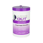 A tub of Wipe Out brand disinfectant wipes with 75 wipes inside, prominently featuring 70% Isopropyl Alcohol.