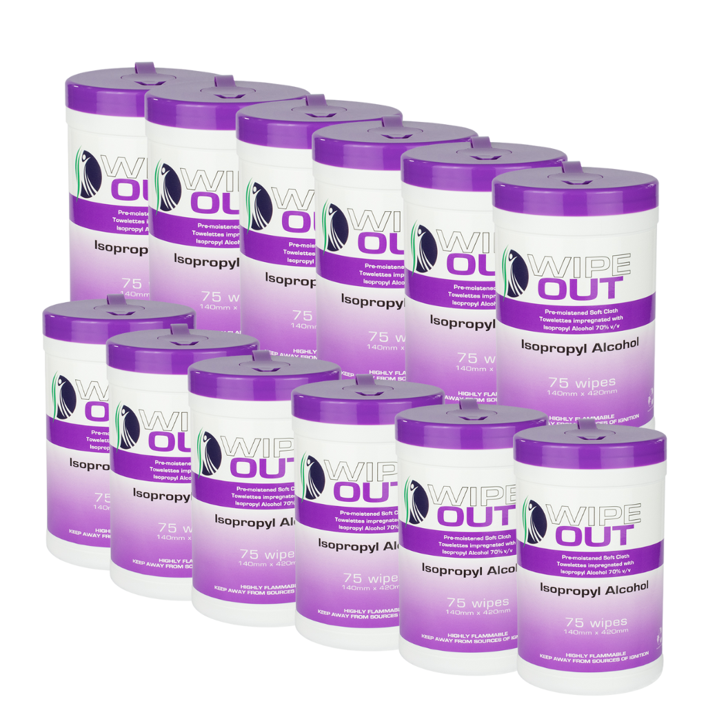 Multiple containers of Wipe Out isopropyl alcohol wipes with purple and white labels.