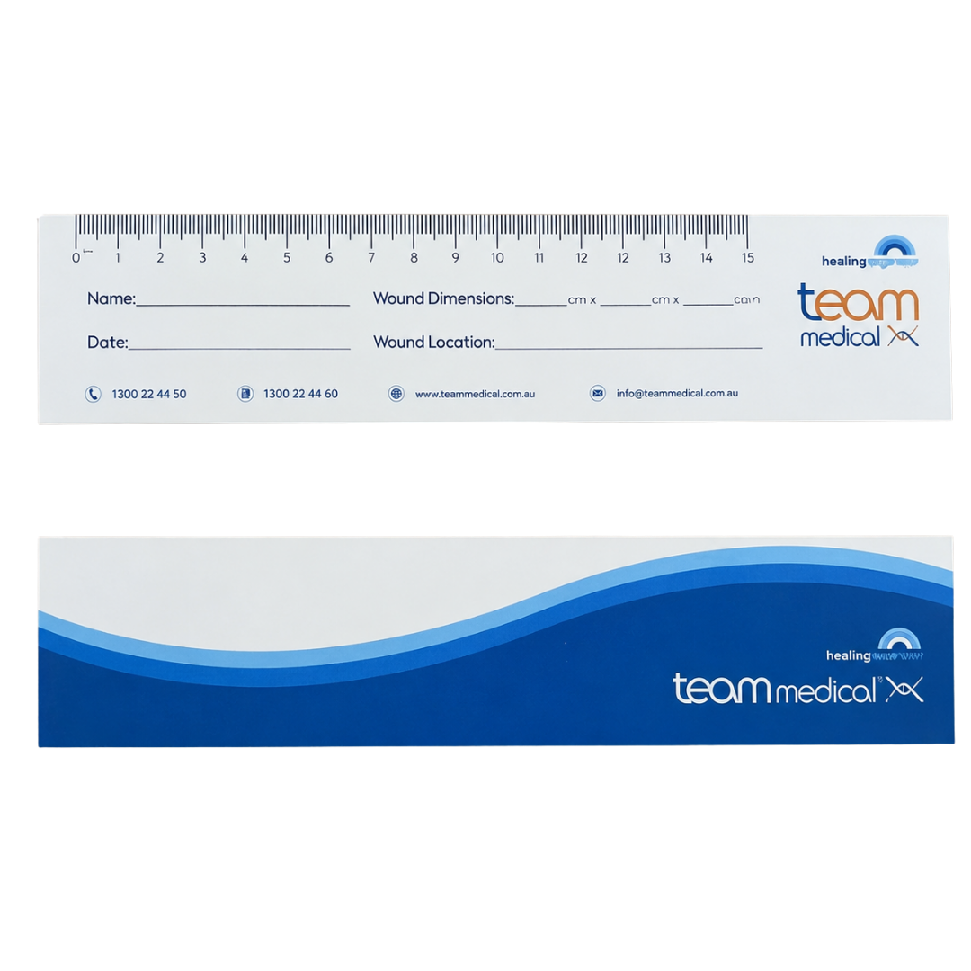 Disposable wound ruler with clear metric markings for accurate wound measurement and safe single‑use assessment in clinical and community care.