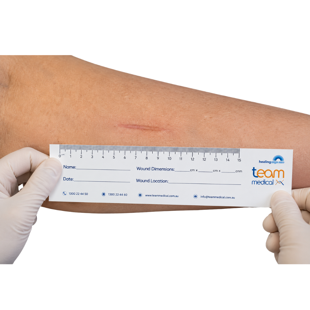 Disposable wound ruler with clear metric markings for accurate wound measurement and safe single‑use assessment in clinical and community care.