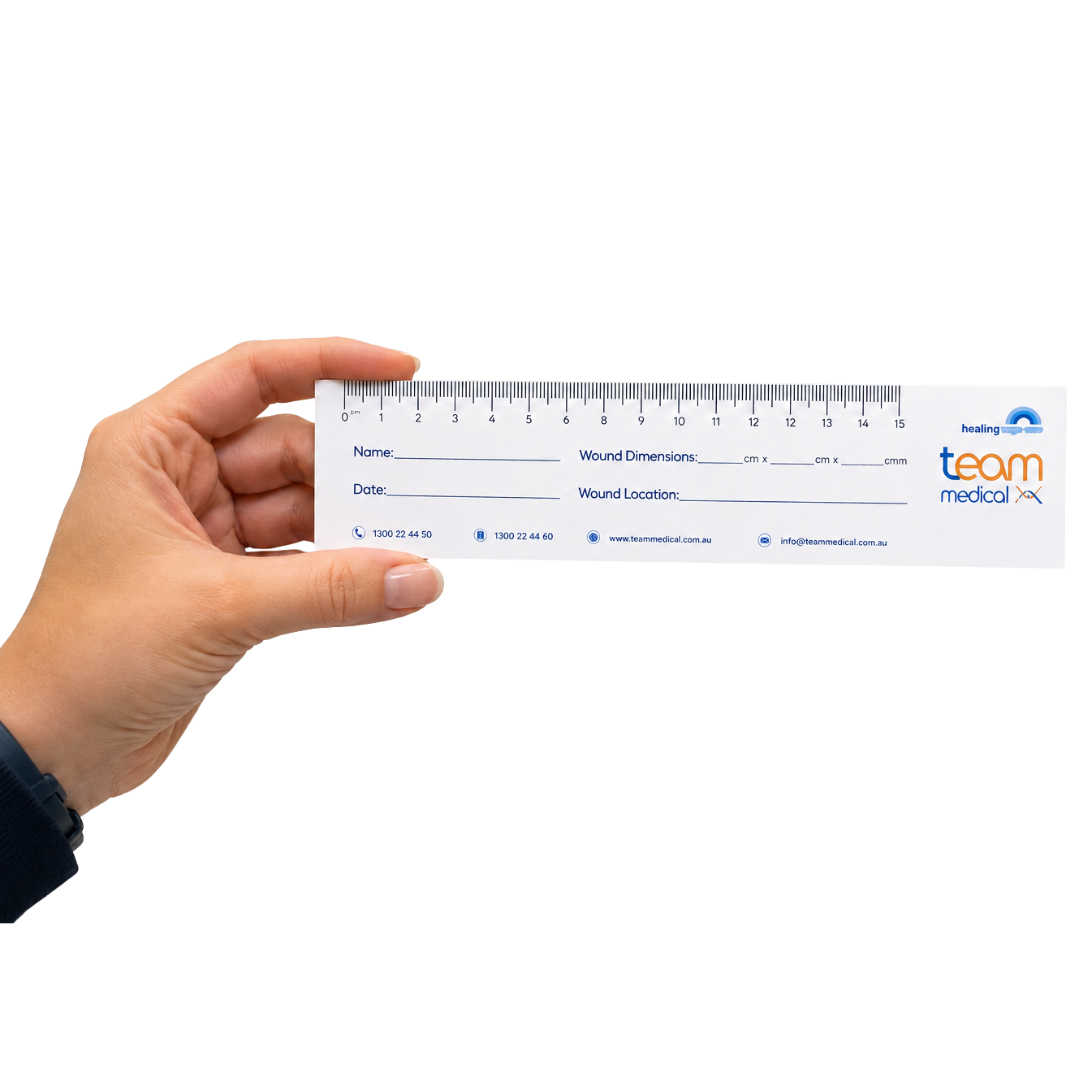 Disposable wound ruler with clear metric markings for accurate wound measurement and safe single‑use assessment in clinical and community care.