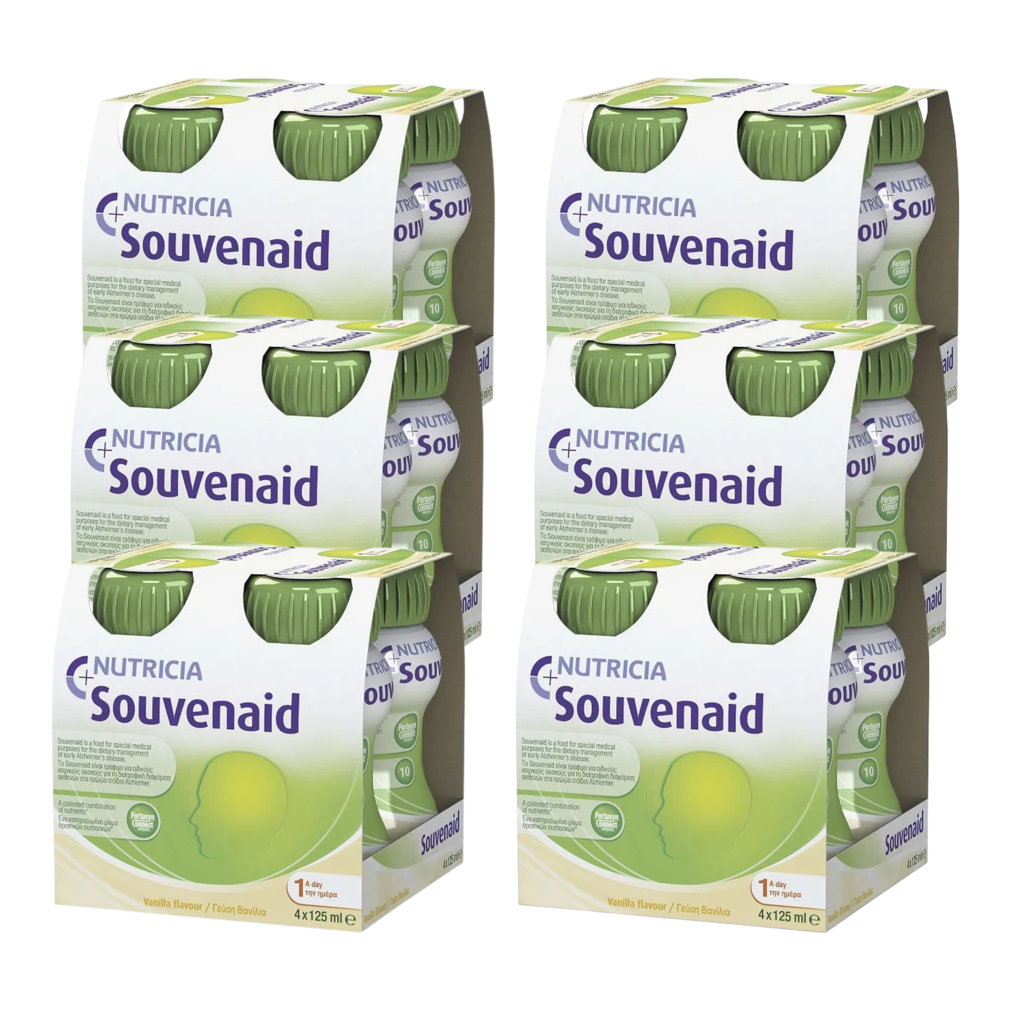 Souvenaid Liquid 125ml bottles in Strawberry, Vanilla, and Cappuccino flavours, nutritional support drink for memory function in early Alzheimer’s disease.