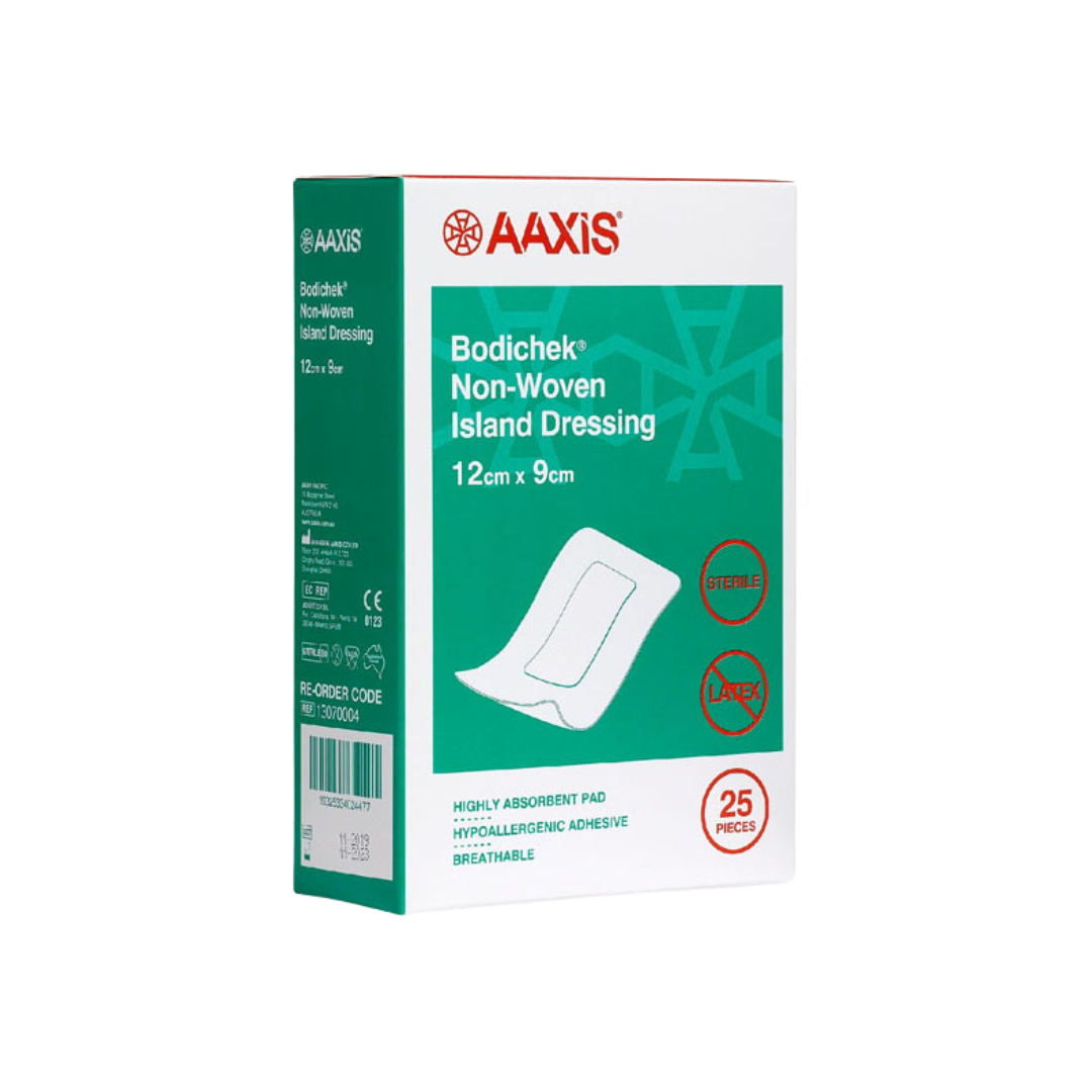 AAXIS Bodichek Non-Woven Island Dressing box, size 12cm x 9cm, containing 25 pieces. Features highly absorbent pad, hypoallergenic adhesive, and breathable design.
