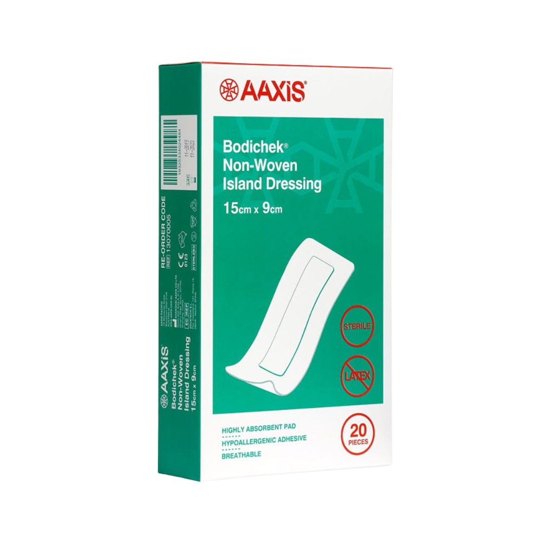 AAXIS Bodichek Non-Woven Island Dressing box, size 15cm x 9cm, containing 20 pieces. Features highly absorbent pad, hypoallergenic adhesive, and breathable design.
