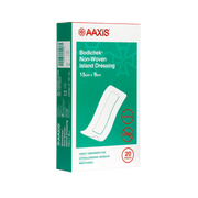 AAXIS Bodichek Non-Woven Island Dressing box, size 15cm x 9cm, containing 20 pieces. Features highly absorbent pad, hypoallergenic adhesive, and breathable design.

