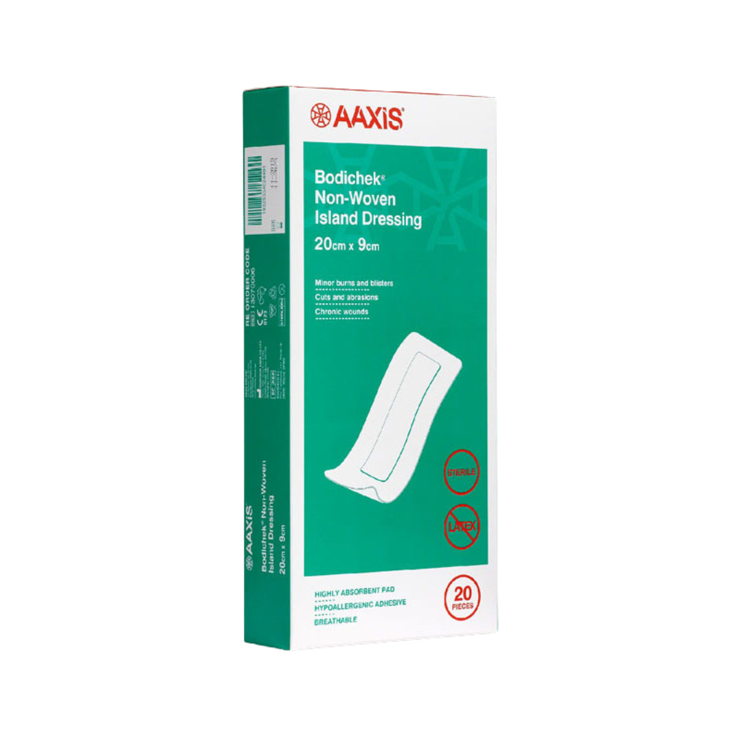 AAXIS Bodichek Non-Woven Island Dressing box, size 20cm x 9cm, containing 20 pieces. Features highly absorbent pad, hypoallergenic adhesive, and breathable design.
