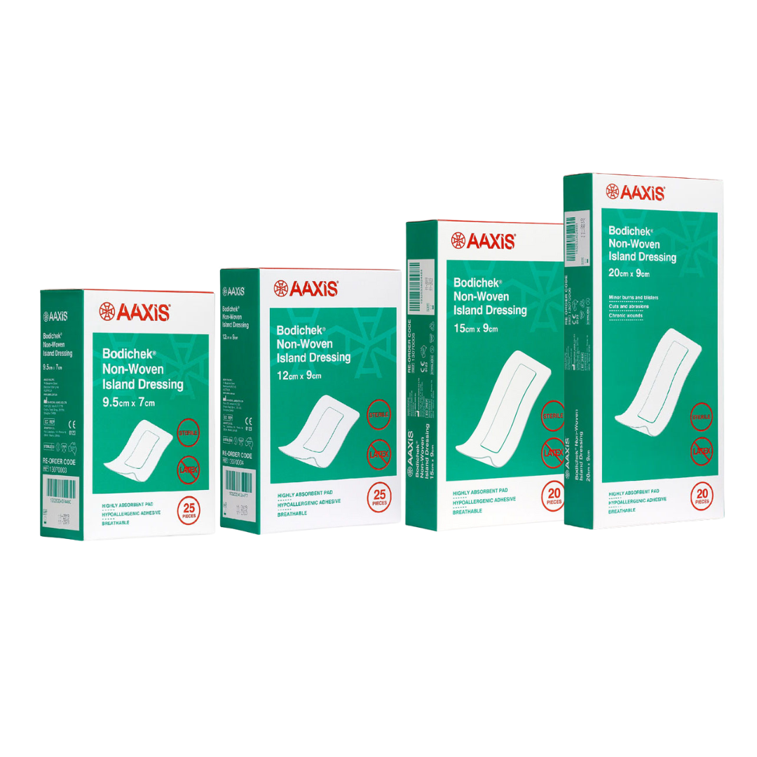 AAXIS Bodichek Non-Woven Island Dressing boxes in assorted sizes: 9.5cm x 7cm, 12cm x 9cm, 15cm x 9cm, and 20cm x 9cm. Each box features highly absorbent pads, hypoallergenic adhesive, and breathable design.