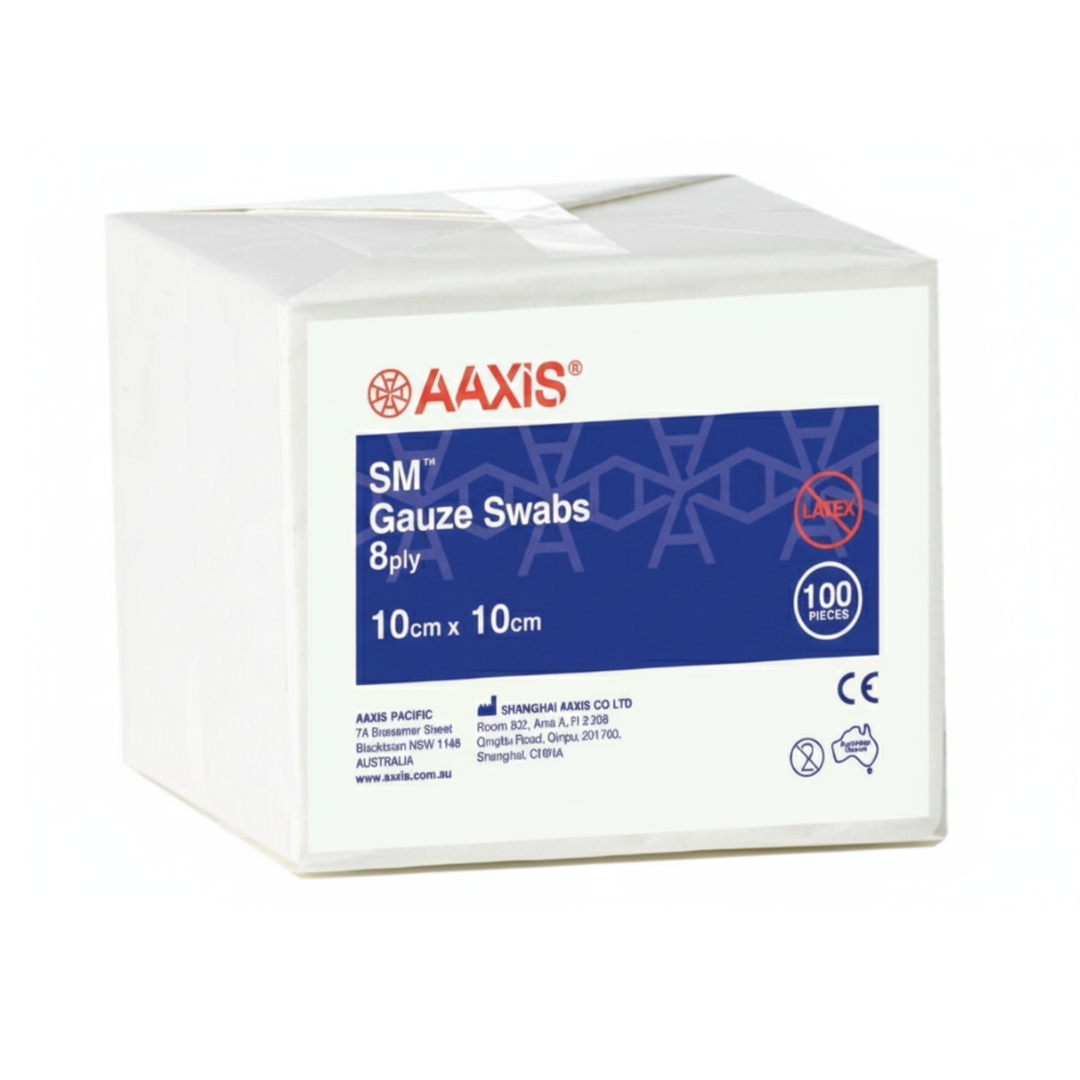 Box of Aaxis S+M Gauze Swabs, $10 \text{ cm} \times 10 \text{ cm}$ size, 8-ply, 100 pieces, showing the "Latex" warning and CE mark.