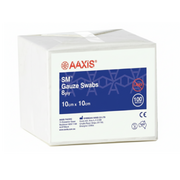 Box of Aaxis S+M Gauze Swabs, $10 \text{ cm} \times 10 \text{ cm}$ size, 8-ply, 100 pieces, showing the "Latex" warning and CE mark.