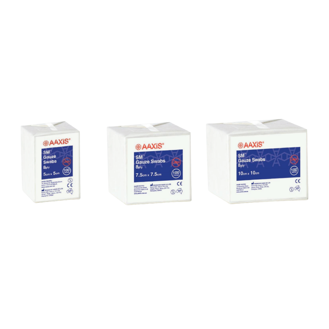 Group photo showing three sizes of Aaxis S+M Gauze Swabs: $5 \times 5 \text{cm}$, $7.5 \times 7.5 \text{cm}$, and $10 \times 10 \text{cm}$ boxes.